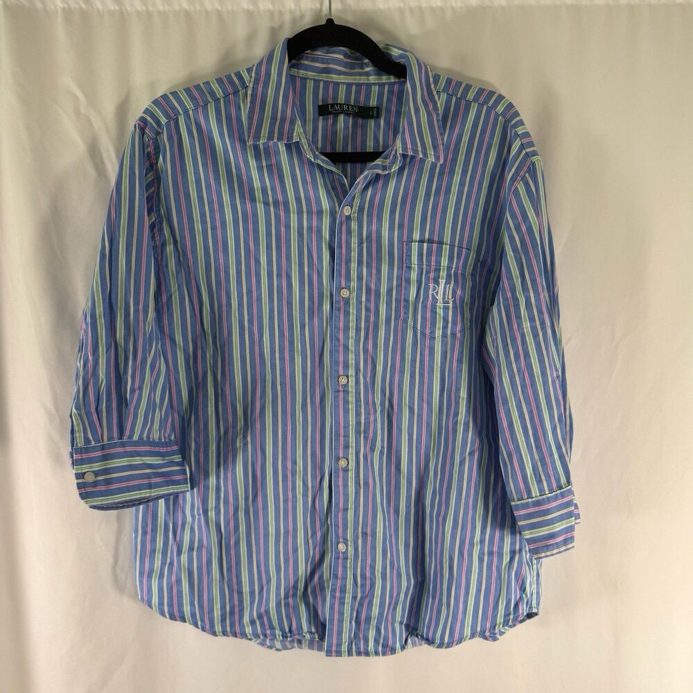 Lauren Ralph Lauren Pajama Top Women's Large Blue Striped Button Up 3/4 Sleeve